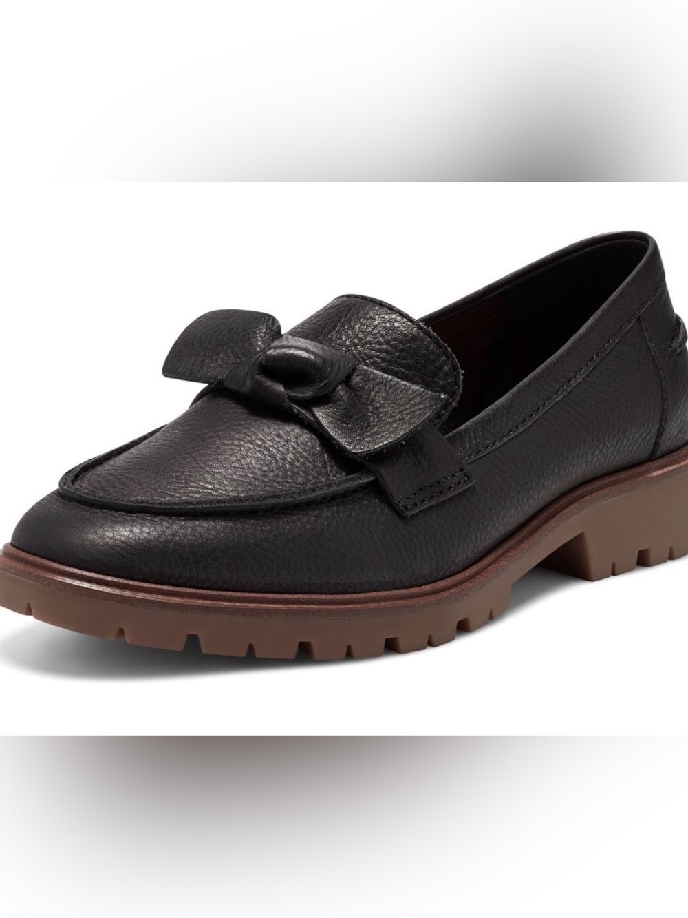Lucky Brand Tamio Black Leather Moccasin Flat Knot Bow Detail Lug Sole Loafers